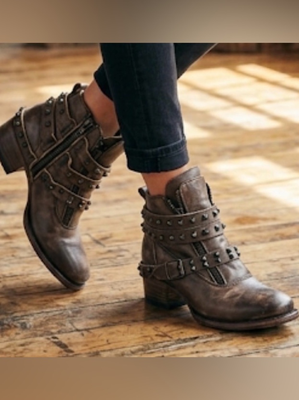 Freebird by Steven Distressed Brown Studded Leather Ankle Boots Truth